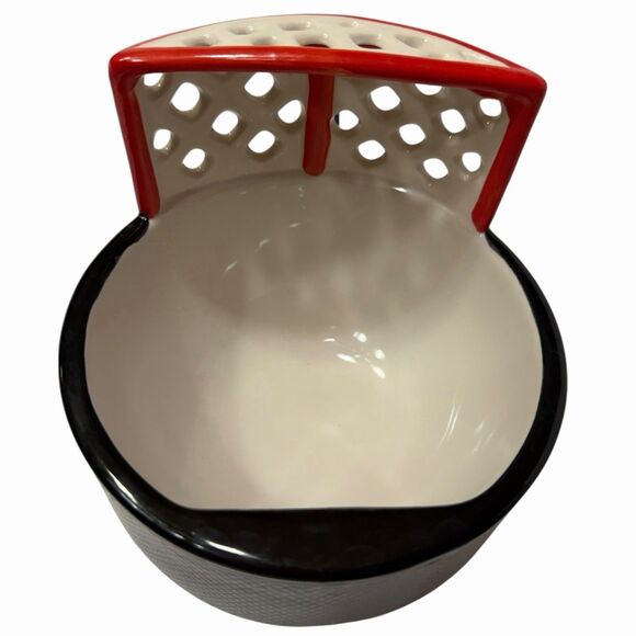 Hockey Puck Soup Bowl 16 oz Ceramic Goal Net Black Red Textured Novelty Gift 🏒 - Picture 2 of 10